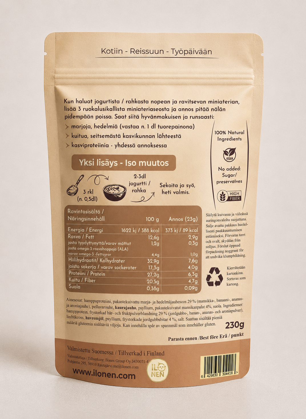 Ilonen yoghurt or quark meal mix 230 g, back of the pack
