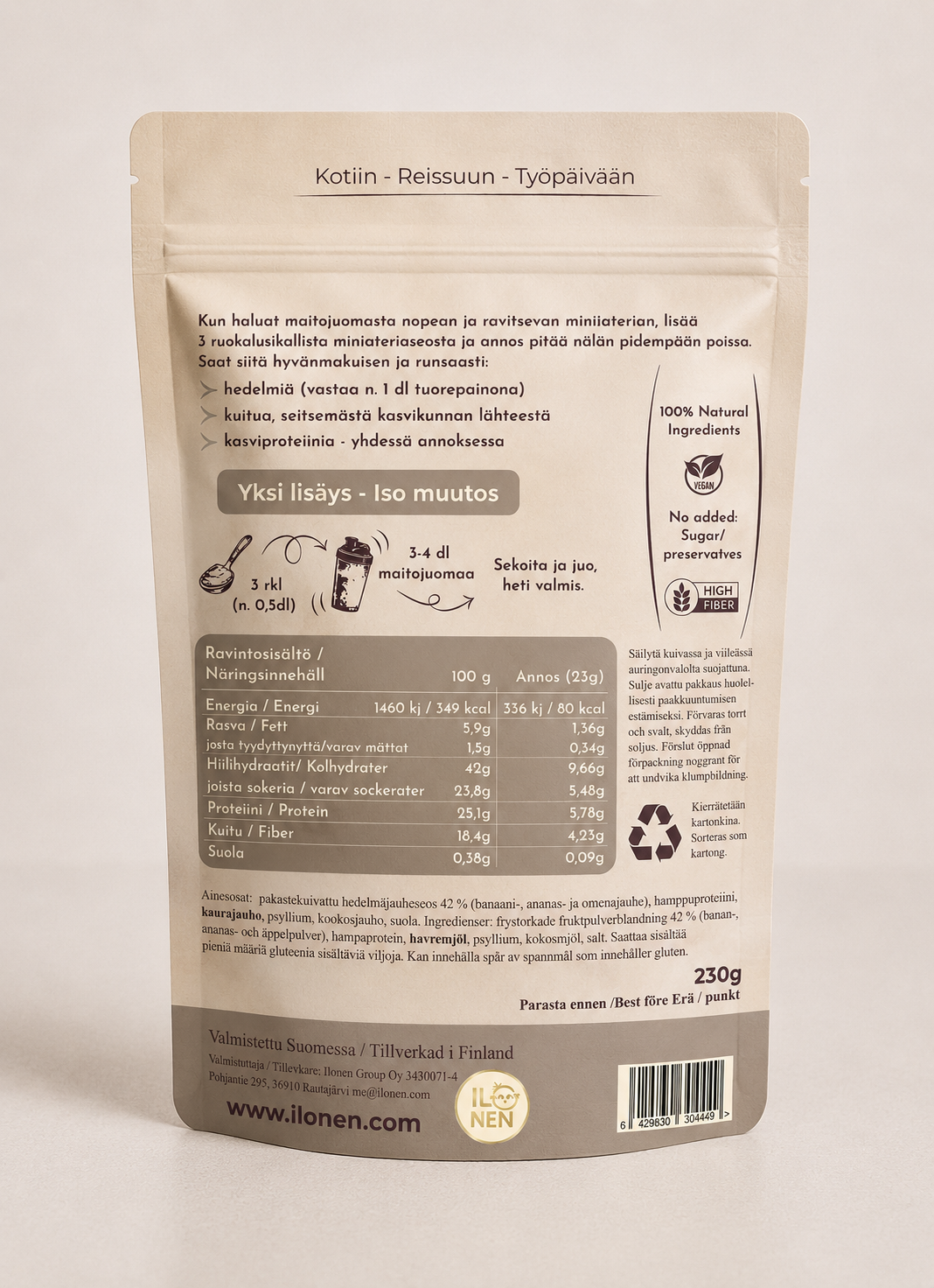 Ilonen drink meal mix apple-pineapple 230 g, back of the pack