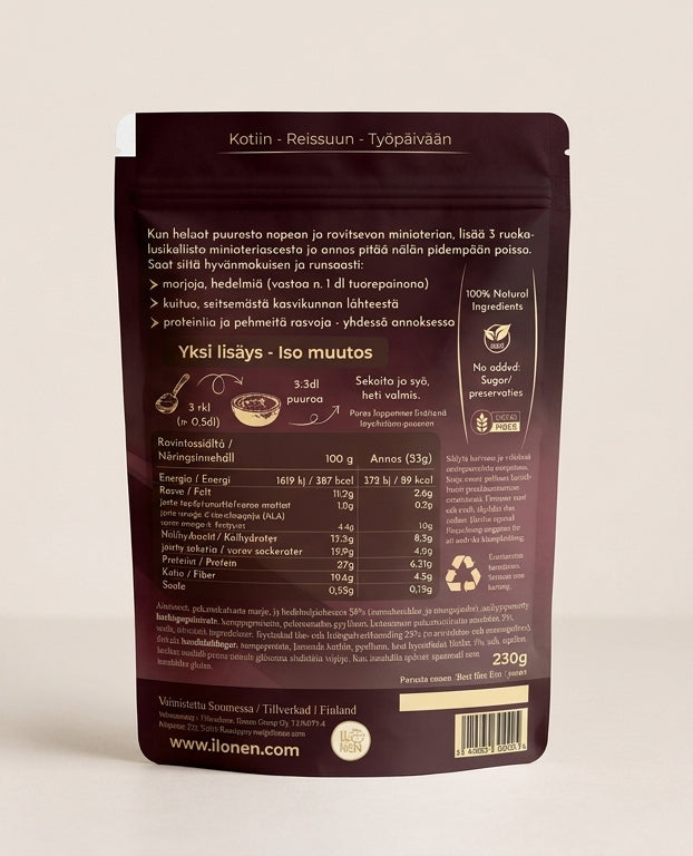 Ilonen drink meal mix strawberry-mango 230 g, back of the pack