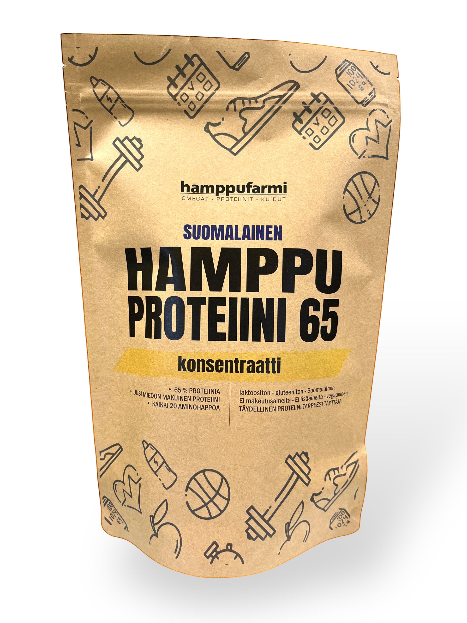 HamppuFarmi Finnish hemp protein concentrate powder, 65% protein, mild flavour, vegan, gluten-free, no additives.