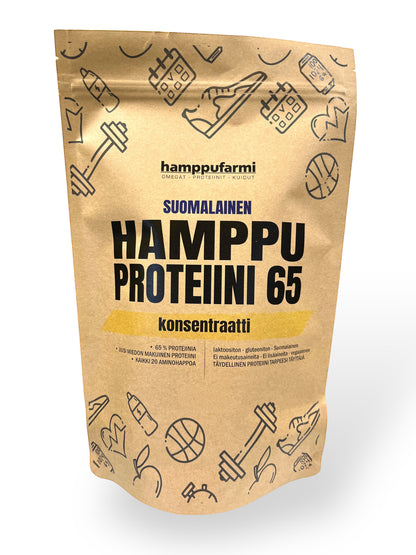 HamppuFarmi Suomalainen Hamppuproteiini 65 concentrate powder, vegan, gluten-free, lactose-free, no additives.