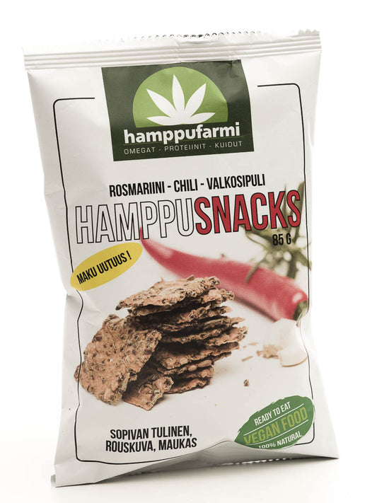 Hamppusnacs 85g - Rosmariini-Chili-Valkosipuli. Nyt vaihtoehto myös vähän tulisemman ystäville.