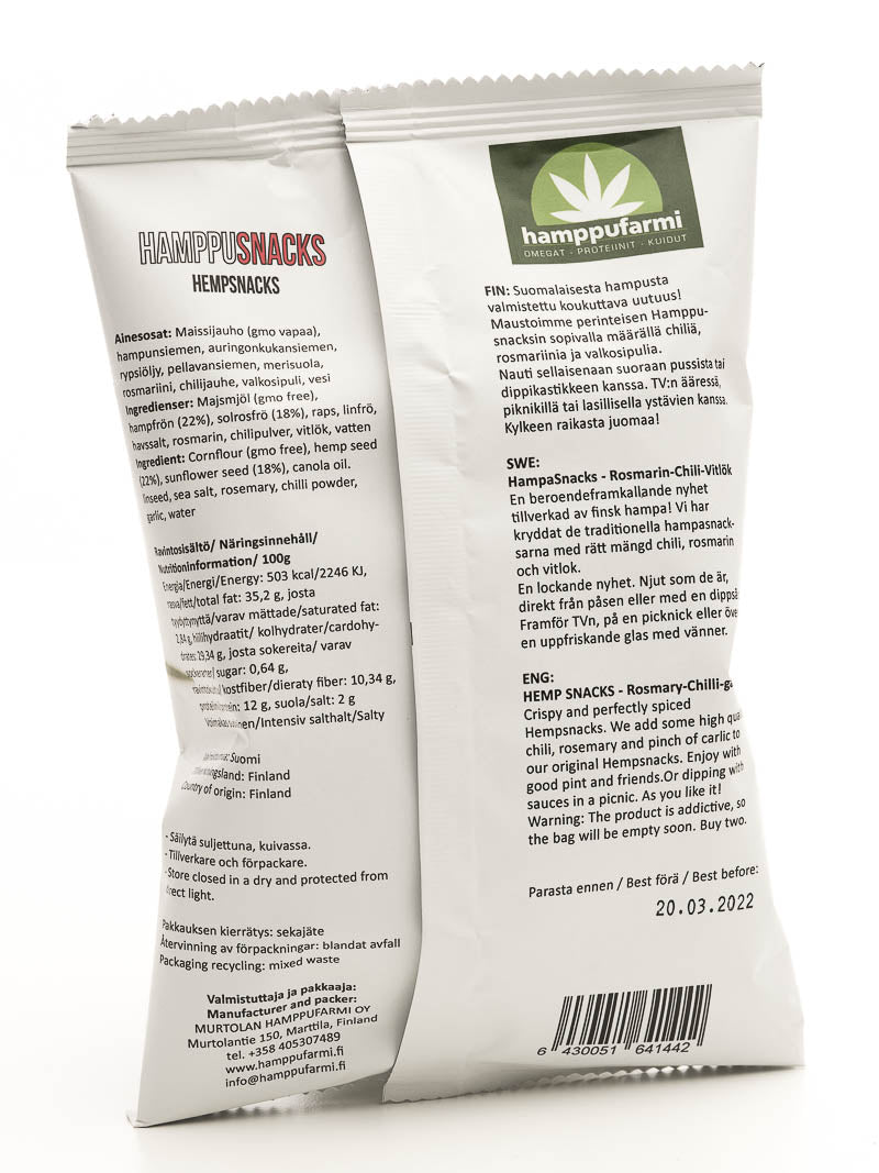 Hamppusnacs 85g - Rosmariini-Chili-Valkosipuli. Nyt vaihtoehto myös vähän tulisemman ystäville.